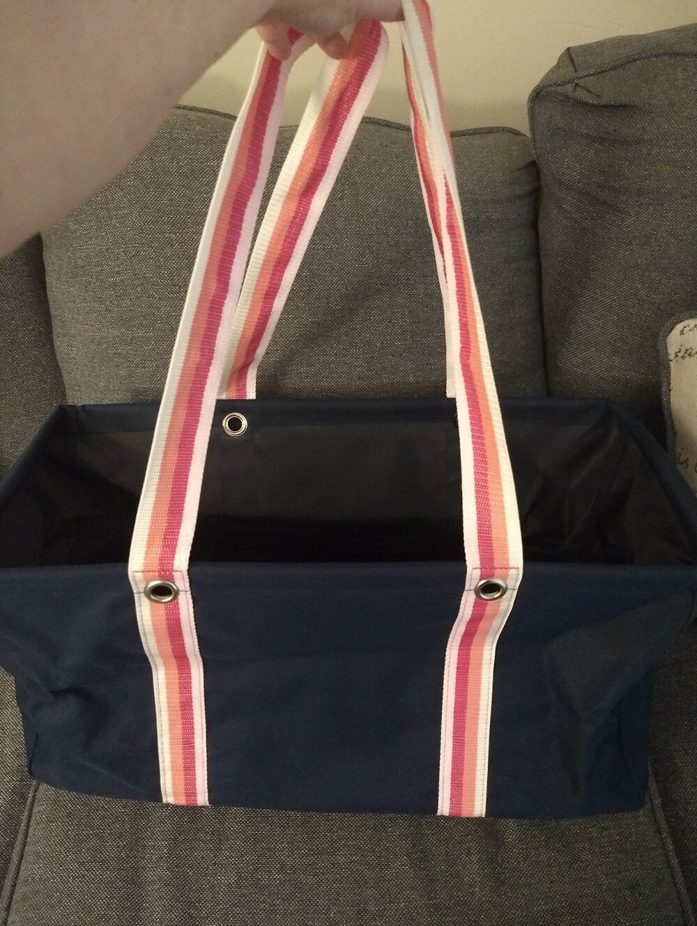 Thirty One - Large Utility Tote - Navy Pop - Pink Stripe Handles